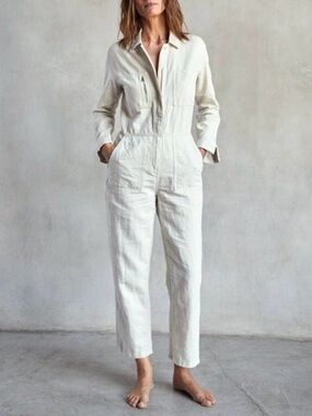 Outerknown Women's Cream Zipper-Front Utility Jumpsuit cotton/linen